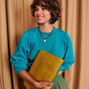 NWT Sezane Alexa Sweatshirt Turquoise Blue Size XS New French Puff‎ Sleeve Crew